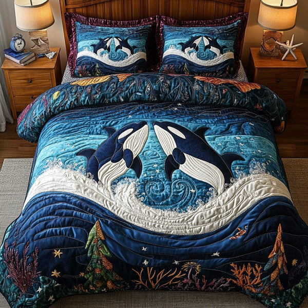 Deep Blue Force quilted 3-piece bedding set on a made bed with two matching pillow shams