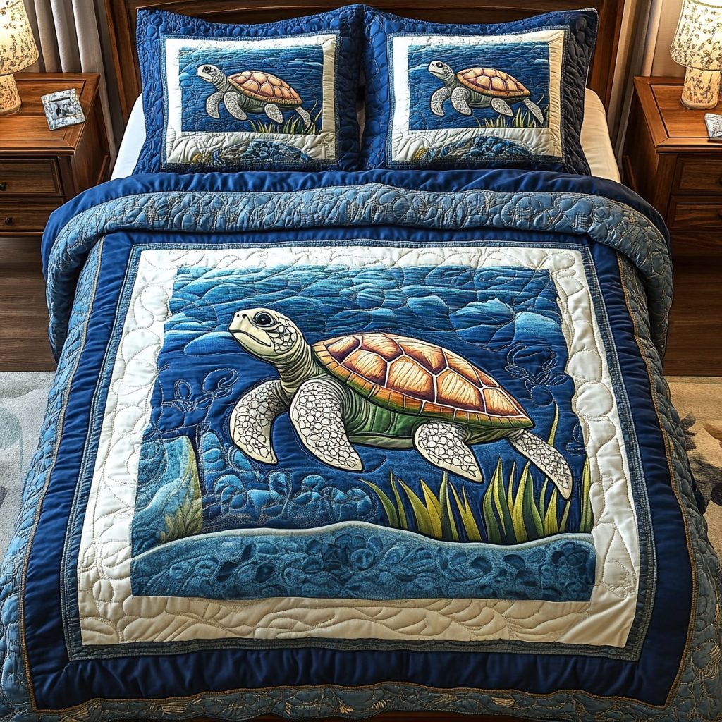 Deep Blue Haven quilted 3-piece bedding set on a made bed with two matching pillow shams