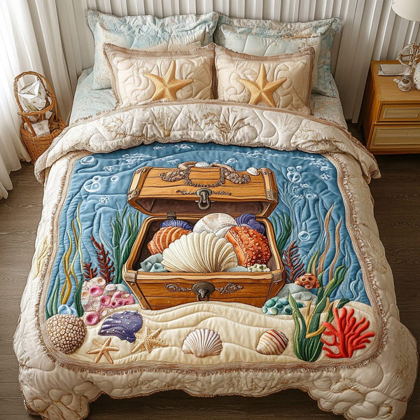 Deep Blue quilted 3-piece bedding set on a made bed with two matching pillow shams