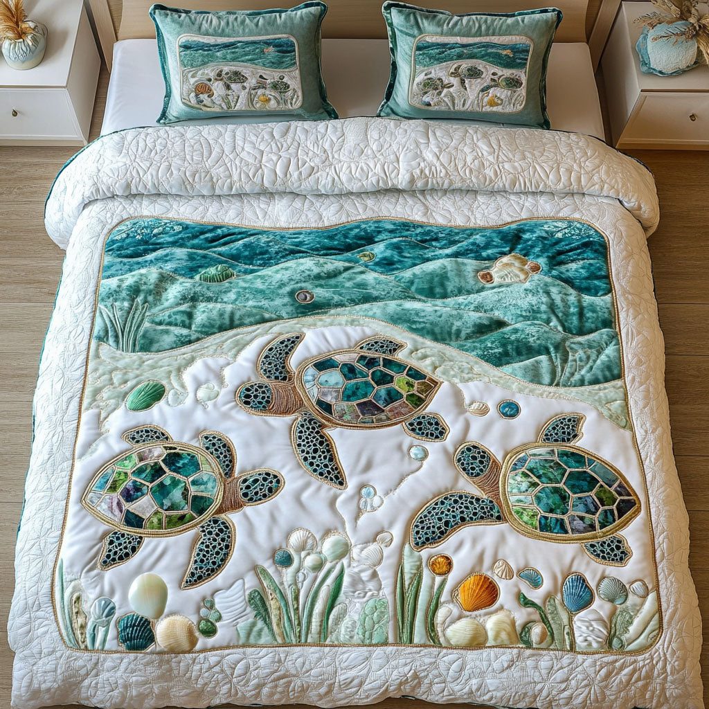 Deep Blue quilted 3-piece bedding set on a made bed with two matching pillow shams