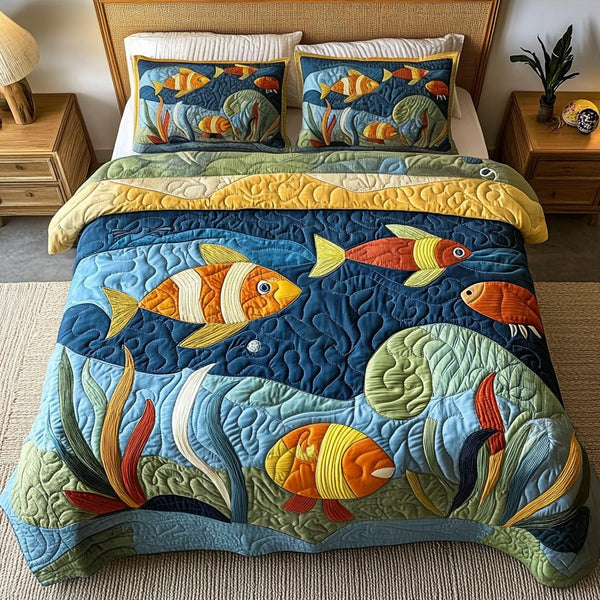 Deep Blue quilted 3-piece bedding set on a made bed with two matching pillow shams
