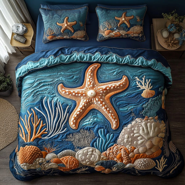 Deep Blue quilted 3-piece bedding set on a made bed with two matching pillow shams