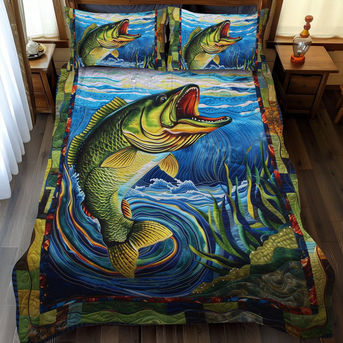 Deep Dive Bass quilted 3-piece bedding set on a made bed with two matching pillow shams