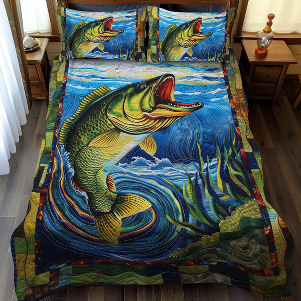 Deep Dive Bass quilted 3-piece bedding set on a made bed with two matching pillow shams
