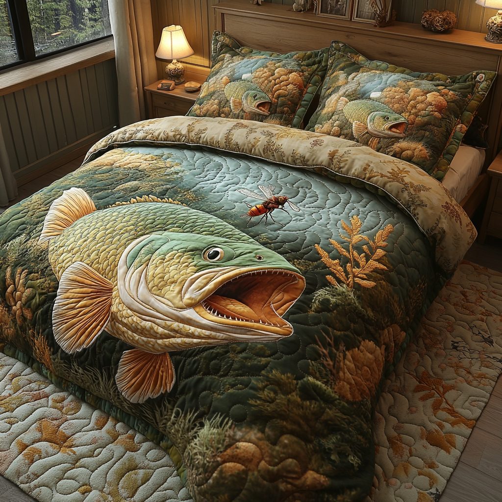 Deep Dive quilted 3-piece bedding set on a made bed with two matching pillow shams