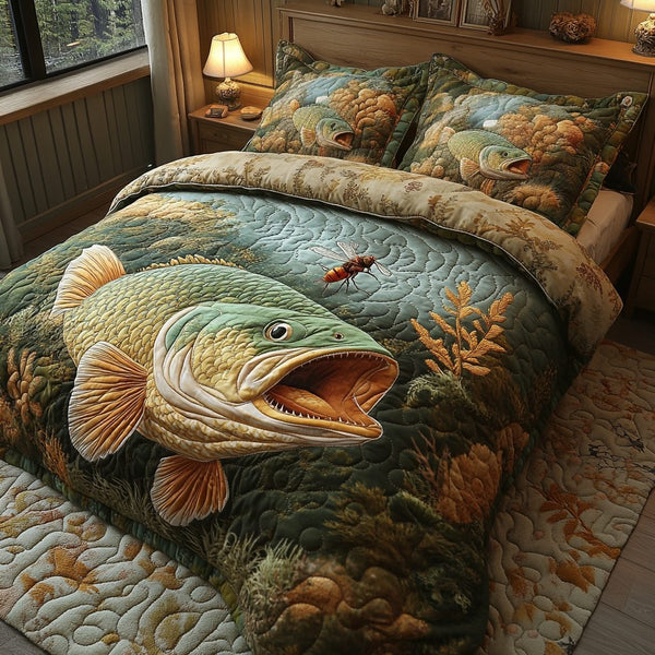 Deep Dive quilted 3-piece bedding set on a made bed with two matching pillow shams