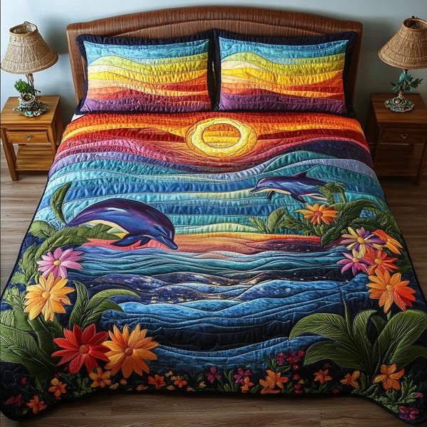 Deep Dive quilted 3-piece bedding set on a made bed with two matching pillow shams