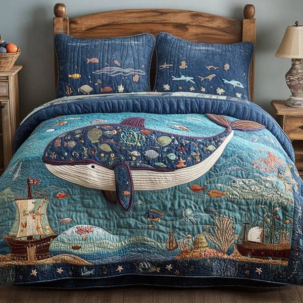Deep Dream quilted 3-piece bedding set on a made bed with two matching pillow shams