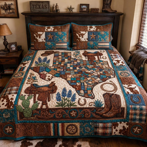 Deep in the Heart quilted 3-piece bedding set on a made bed with two matching pillow shams