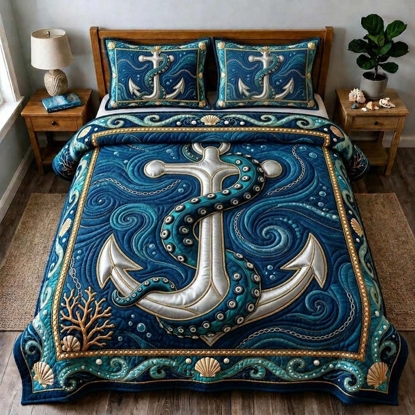 Deep Sea Anchor quilted 3-piece bedding set on a made bed in a light coastal bedroom