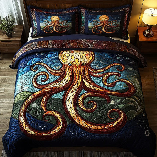 Deep Sea Dreams quilted 3-piece bedding set on a made bed in a light coastal bedroom