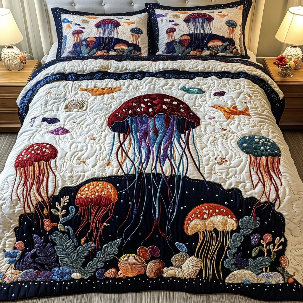 Deep Sea Drift quilted 3-piece bedding set on a made bed in a light coastal bedroom