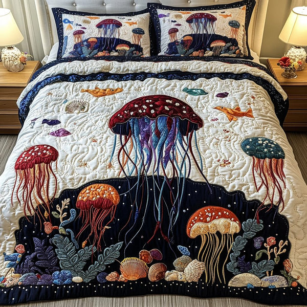 Deep Sea Drift quilted 3-piece bedding set on a made bed in a light coastal bedroom