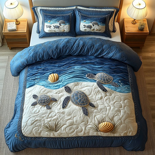 Deep Sea Drifter quilted 3-piece bedding set on a made bed in a light coastal bedroom