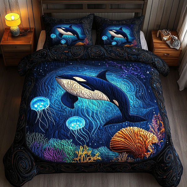 Deep Sea Empress quilted 3-piece bedding set on a made bed in a light coastal bedroom