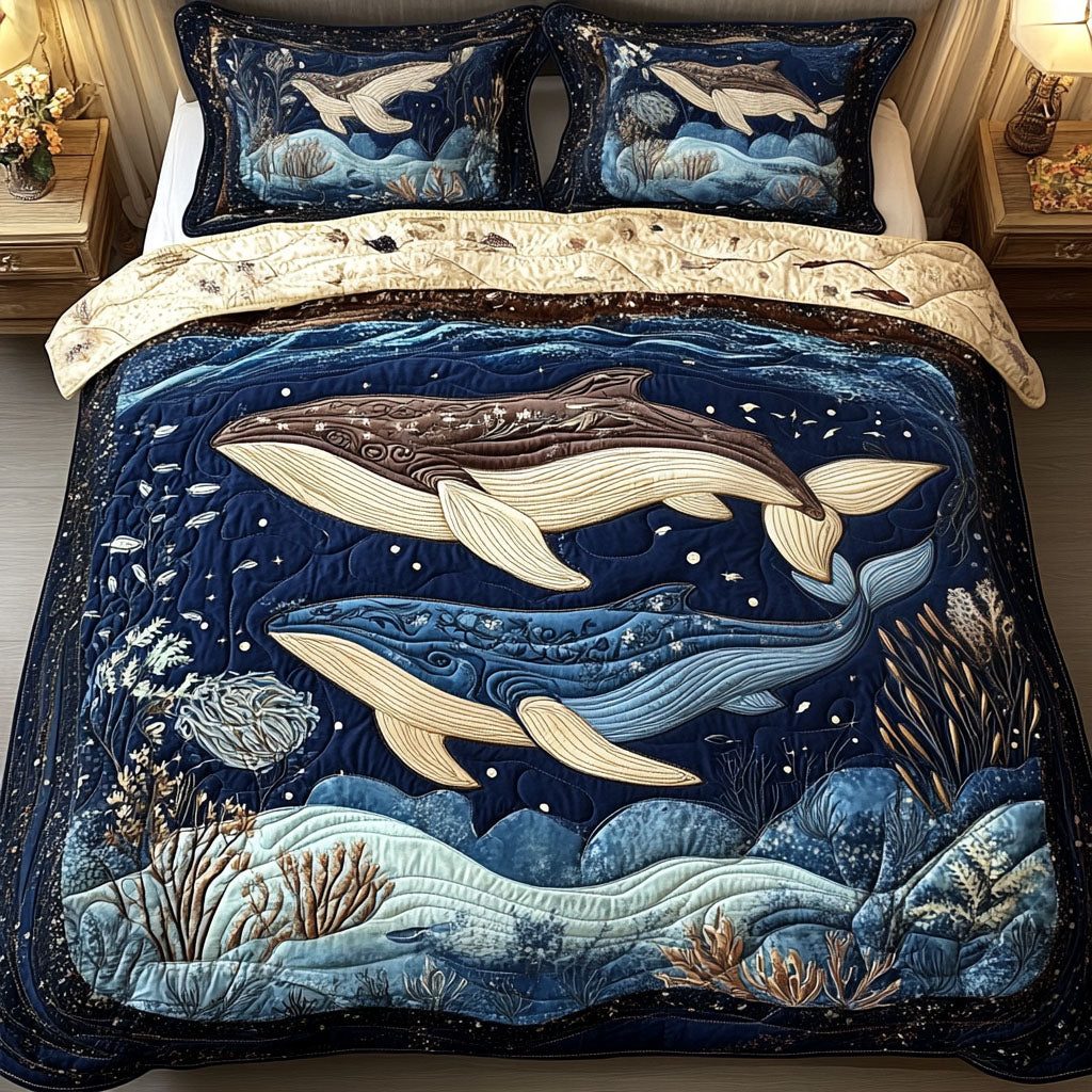Deep Sea Harmony quilted 3-piece bedding set on a made bed in a light coastal bedroom