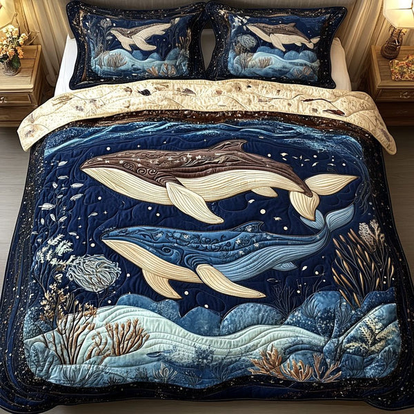 Deep Sea Harmony quilted 3-piece bedding set on a made bed in a light coastal bedroom