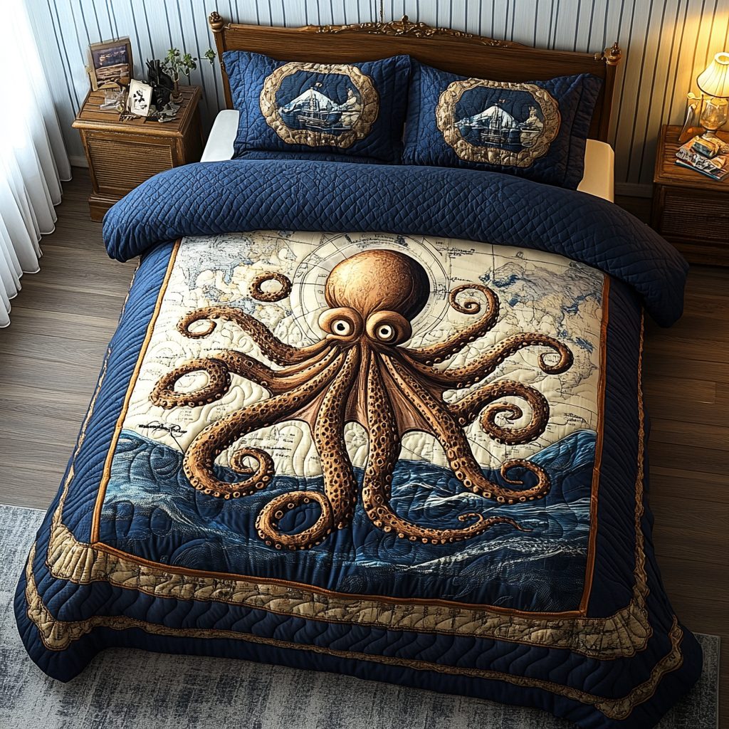 Deep Sea Journey quilted 3-piece bedding set on a made bed in a light coastal bedroom