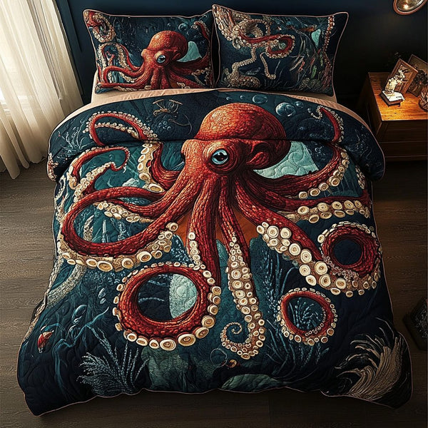 Deep Sea Majesty quilted 3-piece bedding set on a made bed in a light coastal bedroom