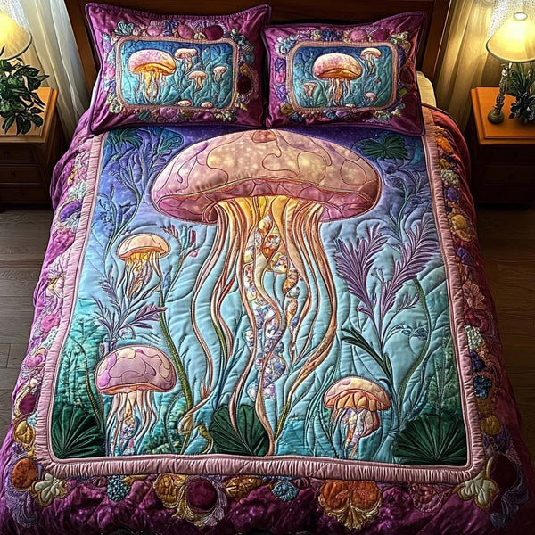 Deep Sea Night quilted 3-piece bedding set on a made bed in a light coastal bedroom