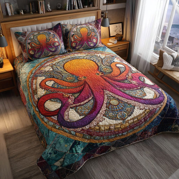 Deep Sea Octopus quilted 3-piece bedding set on a made bed in a light coastal bedroom