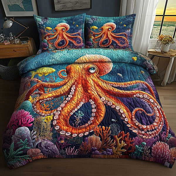 Deep Sea Octopus quilted 3-piece bedding set on a made bed in a light coastal bedroom