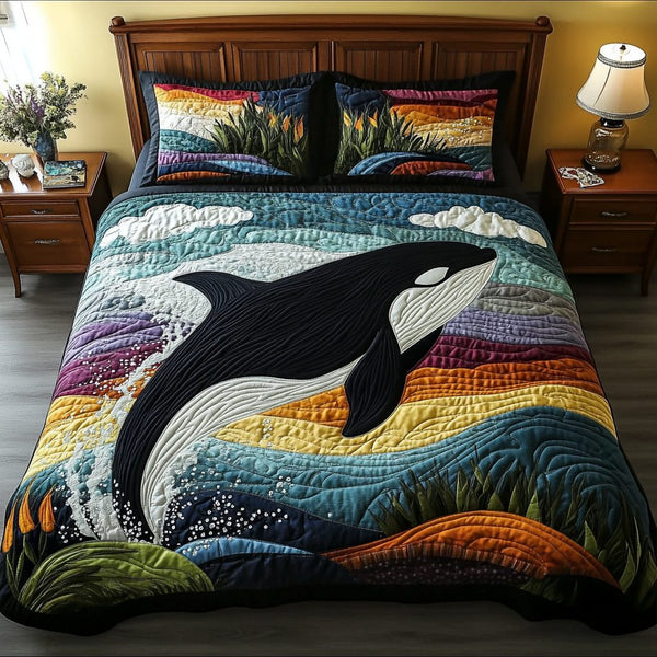 Deep Sea Power quilted 3-piece bedding set on a made bed in a light coastal bedroom
