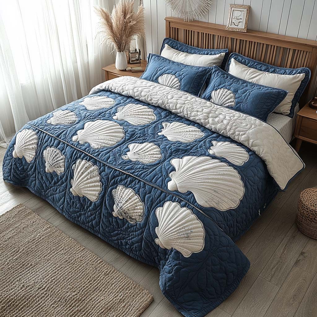 Deep Sea Shells quilted 3-piece bedding set on a made bed in a light coastal bedroom