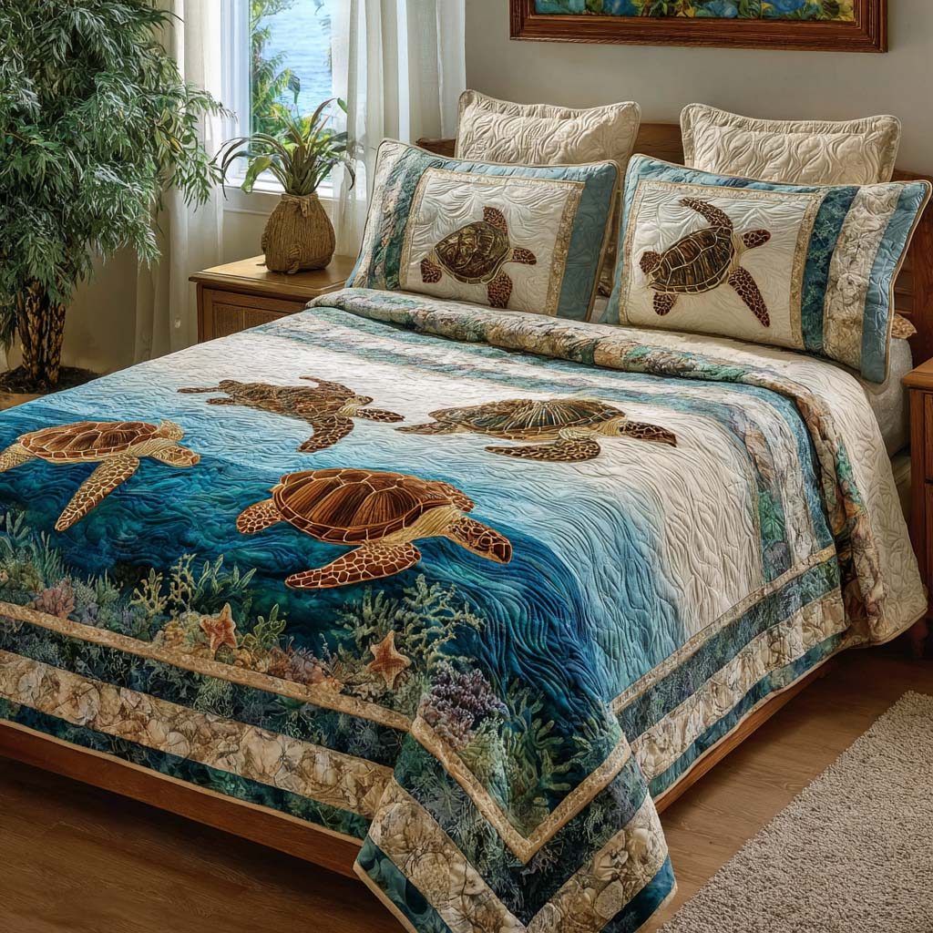 Deep Sea Turtle quilted 3-piece bedding set on a made bed in a light coastal bedroom