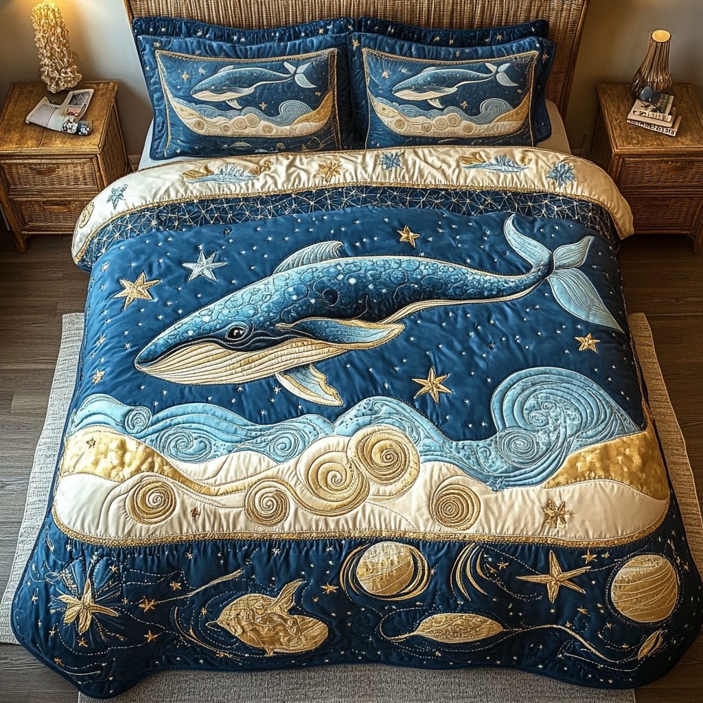 Deep Sea Voyager quilted 3-piece bedding set on a made bed in a light coastal bedroom