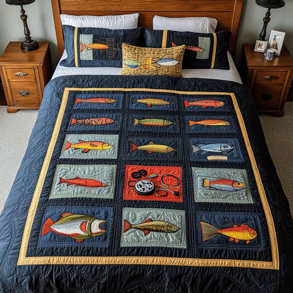 Deep Water Dreams quilted 3-piece bedding set on a made bed with two matching pillow shams