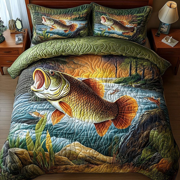 Deep Water King quilted 3-piece bedding set on a made bed with two matching pillow shams