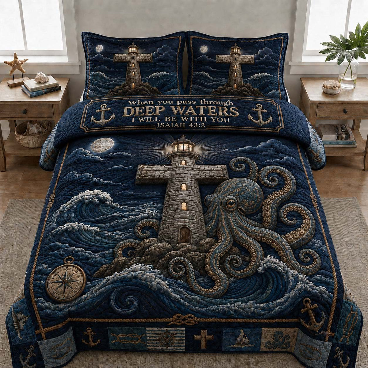 Deep Waters Beacon quilted 3-piece bedding set on a made bed with two matching pillow shams