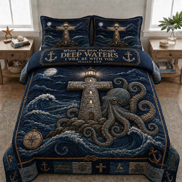 Deep Waters Beacon quilted 3-piece bedding set on a made bed with two matching pillow shams