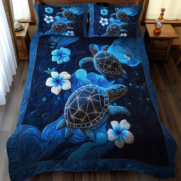 Deep Waters Drift quilted 3-piece bedding set on a made bed with two matching pillow shams