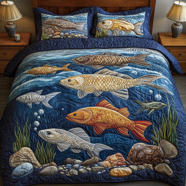 Deep Waters quilted 3-piece bedding set on a made bed with two matching pillow shams