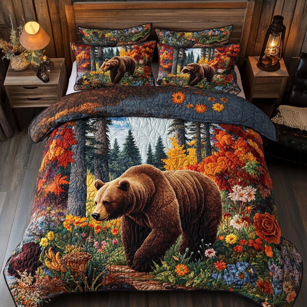 Deep Woods Dream quilted 3-piece bedding set on a made bed with two matching pillow shams