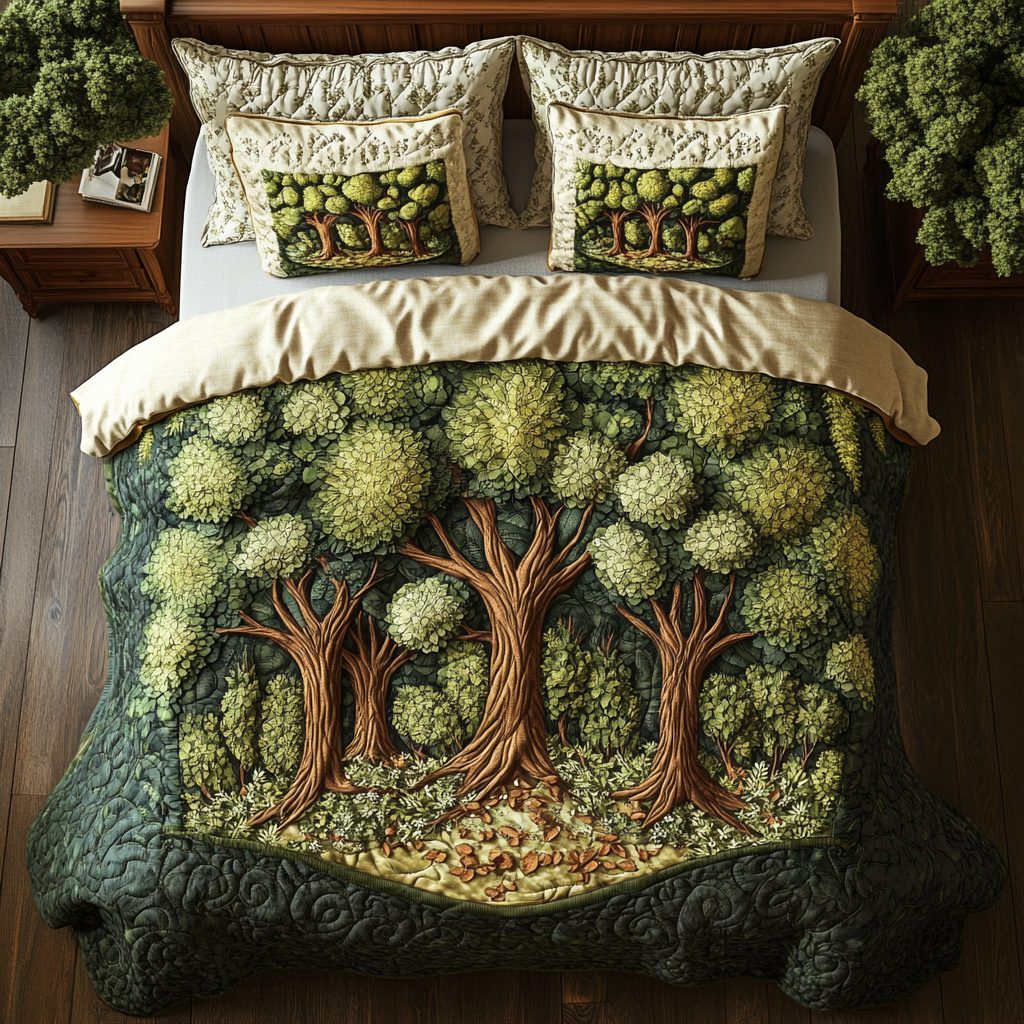 Deep Woods quilted 3-piece bedding set on a made bed with two matching pillow shams