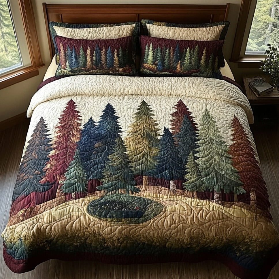 Deep Woods quilted 3-piece bedding set on a made bed with two matching pillow shams