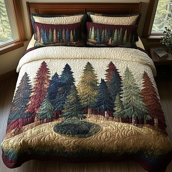 Deep Woods quilted 3-piece bedding set on a made bed with two matching pillow shams