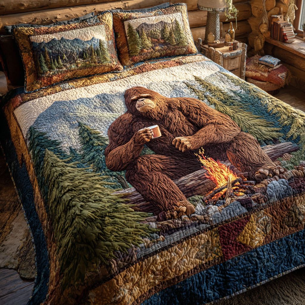 Deep Woods quilted 3-piece bedding set on a made bed with two matching pillow shams