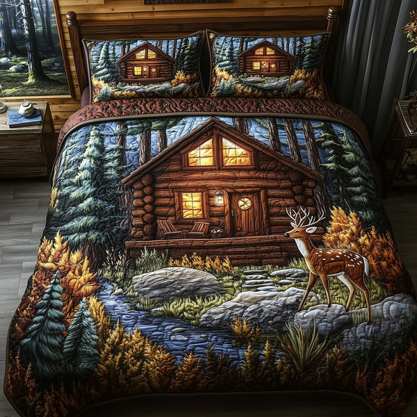 Deer and Cabin quilted 3-piece bedding set on a made bed with two matching pillow shams