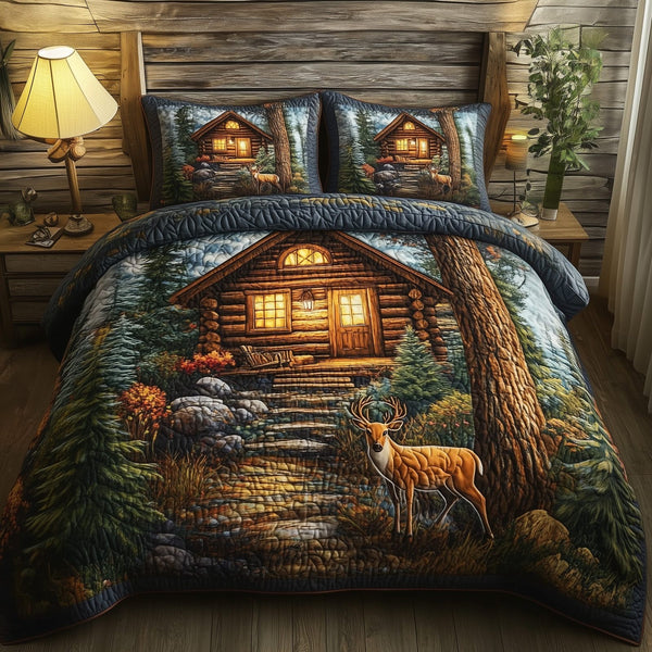 Deer and Cabin quilted 3-piece bedding set on a made bed with two matching pillow shams