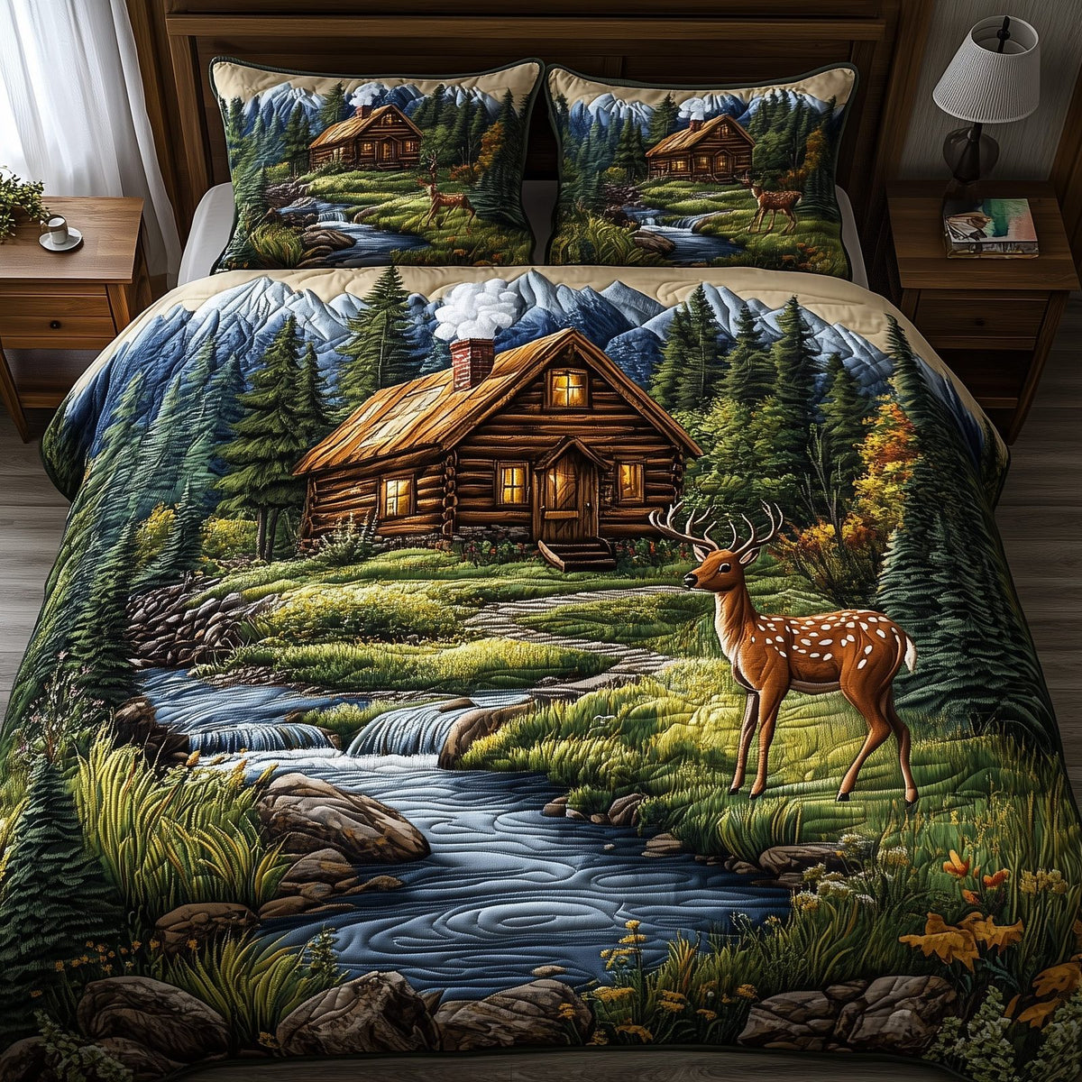 Deer and Cabin quilted 3-piece bedding set on a made bed with two matching pillow shams