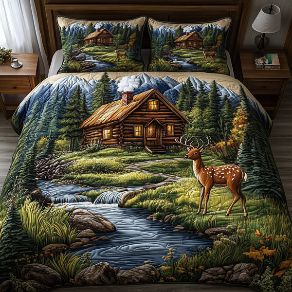Deer and Cabin quilted 3-piece bedding set on a made bed with two matching pillow shams