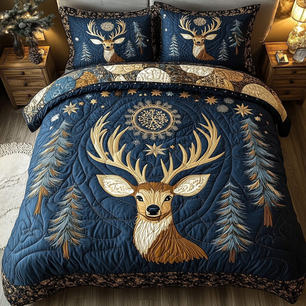 Deer Charm quilted 3-piece bedding set on a made bed with two matching pillow shams