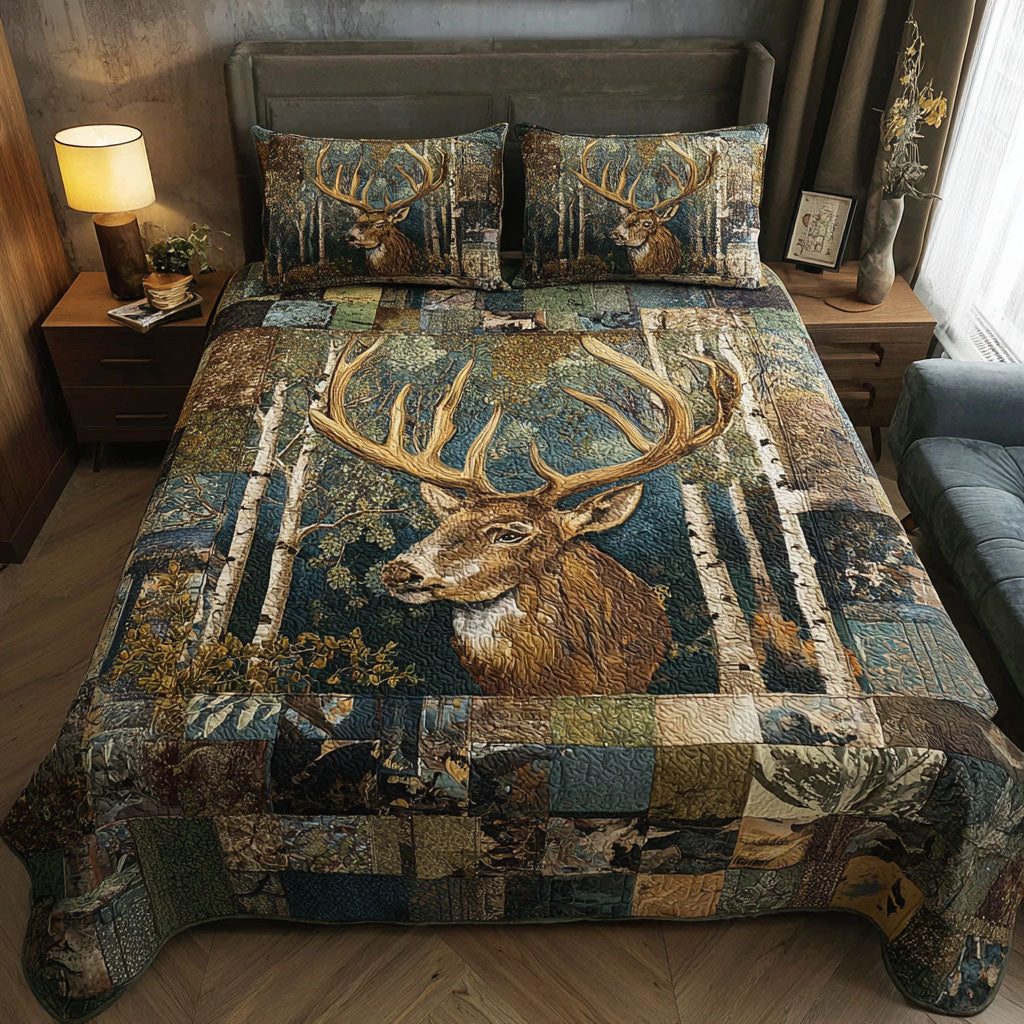Deer Chase quilted 3-piece bedding set on a made bed with two matching pillow shams