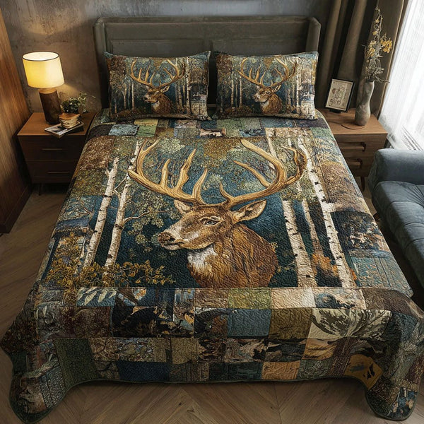 Deer Chase quilted 3-piece bedding set on a made bed with two matching pillow shams