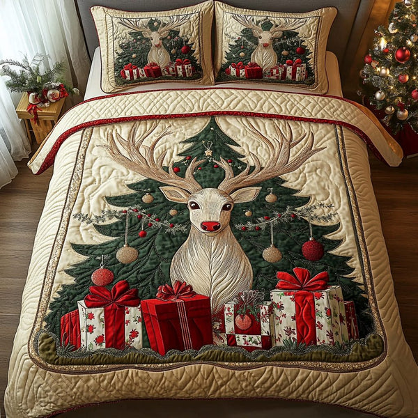 Deer Dreams quilted 3-piece bedding set on a made bed with two matching pillow shams
