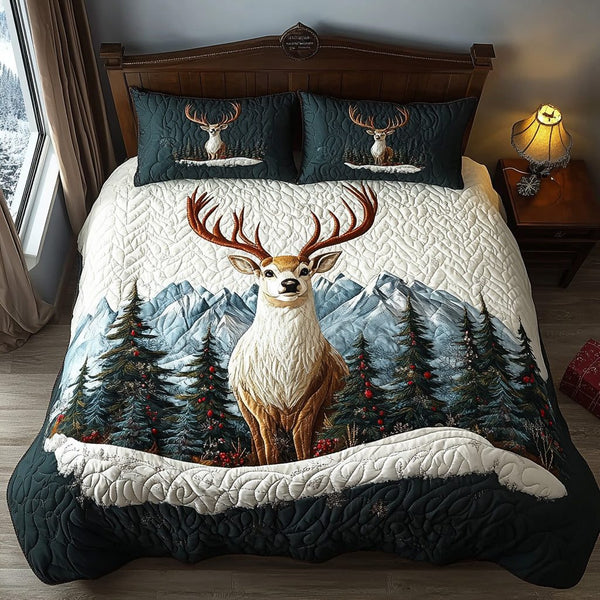 Deer Guard quilted 3-piece bedding set on a made bed with two matching pillow shams
